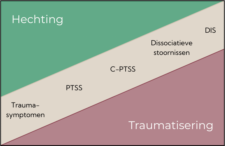 Wat als het meer is dan ‘gewoon dissociëren’? Naarmate de traumatisering groter is en de hechting kleiner neemt de fragmentatie toe. Bij een Dissociatieve Identiteitsstoornis (DIS) voel je je niet geïntegreerd maar gefragmenteerd. Gedachten, gevoelens en gedrag kunnen vreemd en niet-eigen aanvoelen.